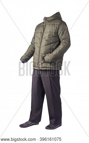 Mens Hakki Jacket With A Hood , Black Pants And Black Leather Shoes Isolated On White Background. Me