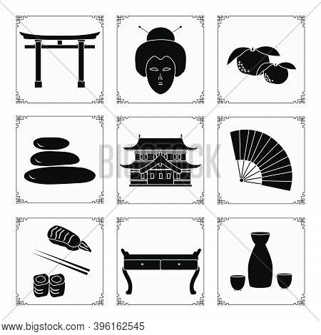 Symbols Of Japanese Culture Geisha Face, Sake Set, Torii Ritual Gates, Stones Massage, Rolls Sushi C