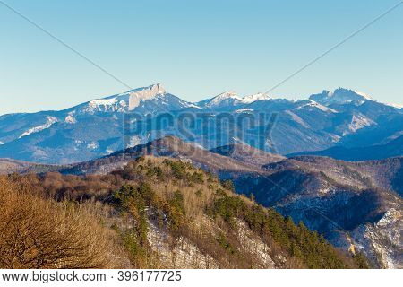 Beautiful Mountain Landscape With Forest At Caucasus Mountains.