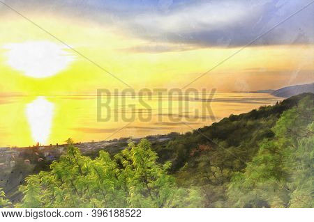 Colorful Sunset Over Ocean Painting Looks Like Picture.