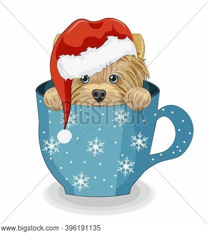 Lovely Vector Happy New Yaer. Merry Christmas, Puppy, Dog In Santa Hat, In Cup. Picture In Hand Draw