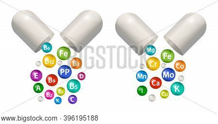 Capsule Pill Vector Vitamin And Mineral Supplement Set. 3d Bubbles Multivitamin Complex. Essential I