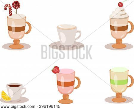 Set Of Coffee Types And Packages. Coffee Menu Vector Illustration. Preparation Of Beverages. Collect