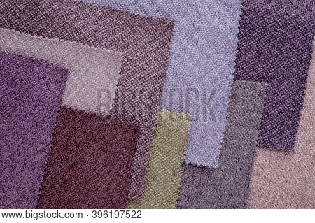 Bright Collection Of Gunny Textile Samples. Multicolor Fabric Texture Background.