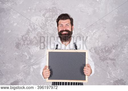 Chef Baker Menu. Cheerful Hospitable Restaurant Waiter With Chalkboard, Copy Space. Best Choice. Adv