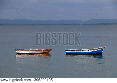 11/22/2020. Itaparica, Bahia; Brazil; Two Boats Anchored In The Sea At The Tip Of The Whale, South E