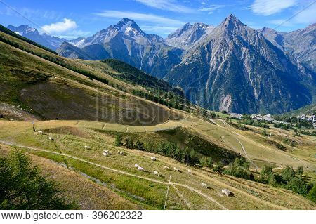 Landscape With View On Ski Station Les Deux Alpes And Alpine Mountains Peaks In Summer, Isere, Franc