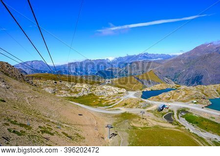 Hiking Near Ski Station Les Deux Alpes And View On Alpine Mountains Peaks In Summer, Isere, France