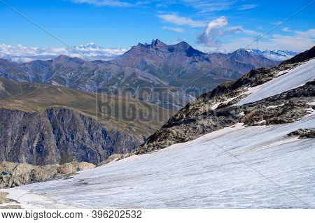 View On Icy Glacier Near Winter And Summer Sky Station Les Deux Alpes In Summer