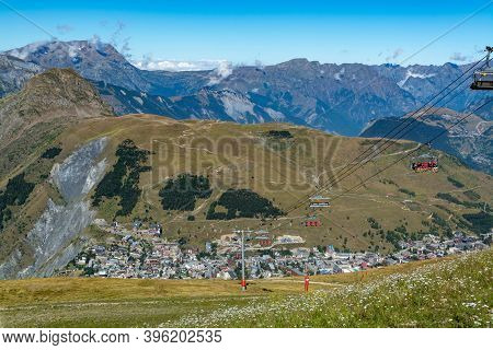 View From Ski Lift On Les Deux Alpes And Alpine Mountains Peaks In Summer, Isere, France
