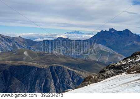 View On Mountain Mont Blanc From Glacier Near Ski Station Les Deux Alpes, Franch Alps In Summer, Ise