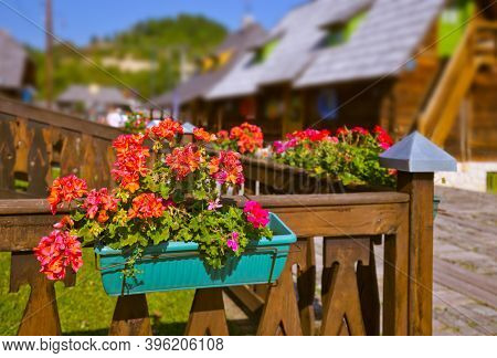 Traditional village Drvengrad Mecavnik in Serbia - architecture travel background