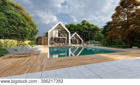 3D rendering of a modern  pitched roof villa with impressive garden and pool