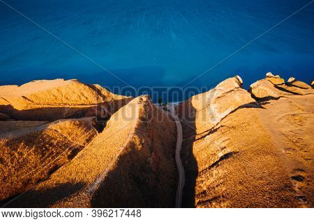 Abstract view of the sandy hills of the Dnieper Bay. Aerial photography, top view drone shot. Location place Grand canyon Stanislav, Ukraine, Europe. Art photo wallpaper. Discover the beauty of earth.