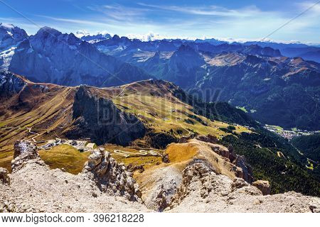 The Passo-Pordoi pass. Pordoi is a mountain pass of the Dolomites, located between the Sella mountain range and the Marmolada mountain