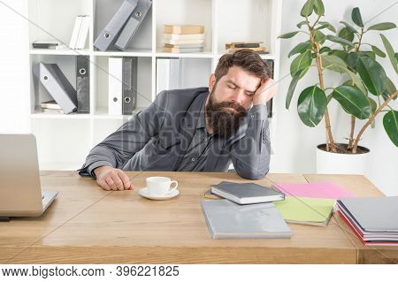 Sleepless Night. Depressed Mood And Lack Of Energy. Man Handsome Boss Sleep In Office Drinking Coffe