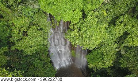 Aerial View Of Forest And River Towards Labuhan Kebo Waterfall Located In Munduk, Bali