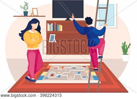 Family Husband And Wife Talking Standing Together In The Room. Home Cozy Livingroom With Couch And T