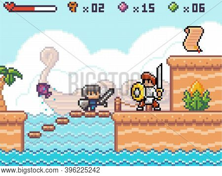 Pixel Art Style, Character In Game Arcade Play. Man With Sharp Sword And Shield Fighting Against Ene