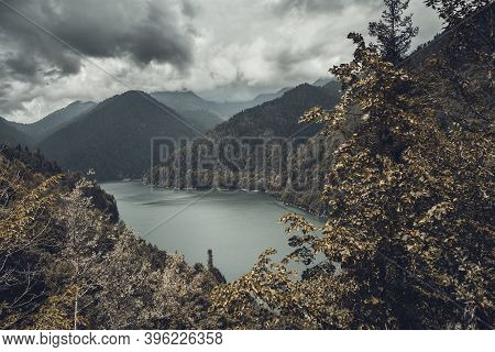 Beautiful Mountain Landscape With Clouds At Lake Ritsa