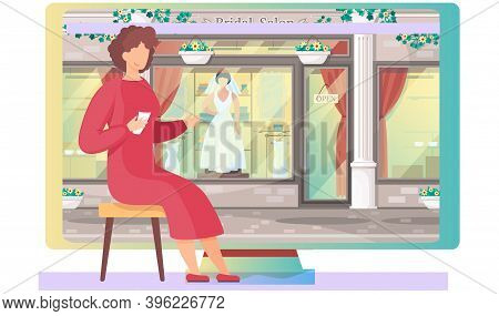 Wedding Dress Shop, Woman Bride. Girl Leads A Women S Blog, Sitting Near Monitor With Bridal Salon S