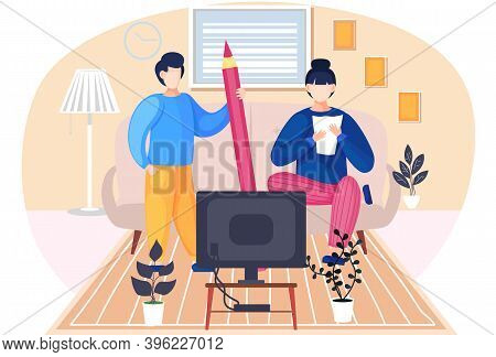 Family Husband And Wife Talking Standing Together In The Room. Home Livingroom With Couch And Televi