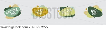 Set Of Allergen Free Badges. Lactose, Gluten, Sugar And Gmo Free. Vector Signs Of Allergen Contant F