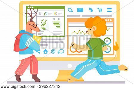 Funny Cartoon Animal Student. A Lion Schoolboy In A Sports Uniform Is Runing On A Physical Education