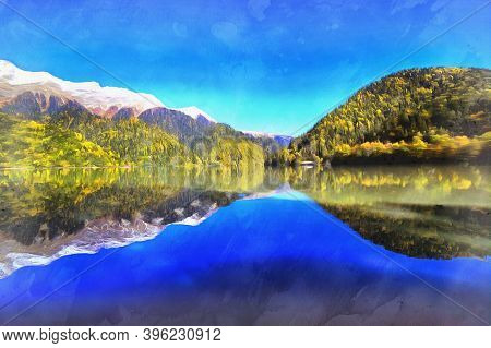 Beautiful Mountain Landscape With Lake Ritsa Looks Like A Picture, Caucasus Mountains.