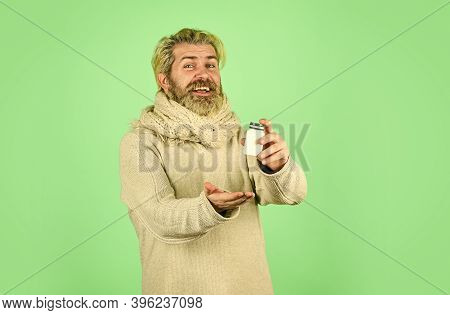 Be Helpful. Unhealthy Man Hold Pills Blister. Sick Male Take Anti Cold Pill. Vitamin Complex For Imm