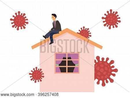 Man On Roof. Solitude And Depression From Social Distancing, Isolated Stay Home Alone In Covid-19 Co
