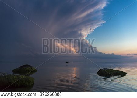 Beautiful Scene With Stormfront And Lightning Summer Seascape.