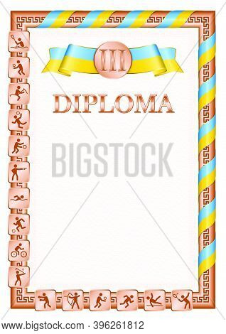 Vertical Diploma For Third Place In A Sports Competition, Bronze Color With A Ribbon The Color Of Th