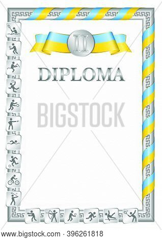 Vertical Diploma For Second Place In A Sports Competition, Silver Color With A Ribbon The Color Of T