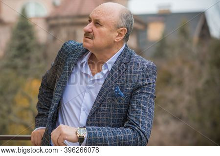 Senior Man In Grief And Sorrow. The Concept Of A Depressed Older Man, The Non-acceptance Of Oneself 
