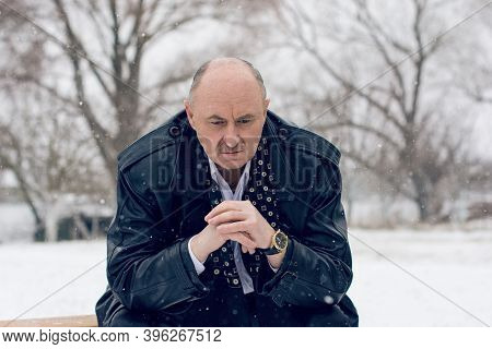 Senior Man In Grief And Sorrow. The Concept Of A Depressed Older Man, The Non-acceptance Of Oneself 