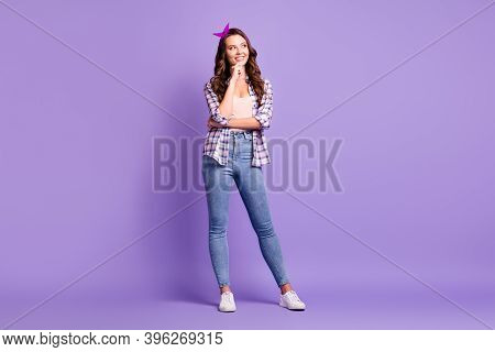 Full Length Photo Of Girl Arm Chin Look Up Empty Space Wear Checkered Shirt Retro Headband Jeans Foo
