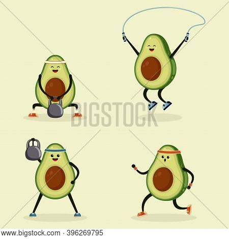 Avocado Doing Sport. Cute Cartoon Avocado Character Illustration Set. Funny Avocado Jogging And Lift