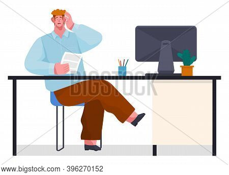 Yuong Businessman Experiencing Stress At Work Because Of The Deadline And Office Chaos. Man Sitting 