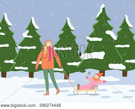 Mother And A Small Kid On A Winter Walk. Woman Sledding A Child. Family Walking Together In Cold Wea