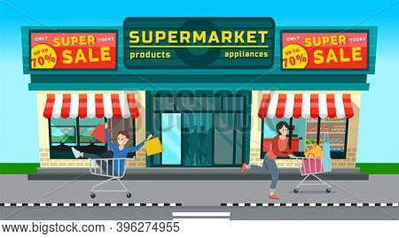 Customers Are Going Out Of The Store With Purchases. Supermarket Sales And Discounts. Woman With Bag