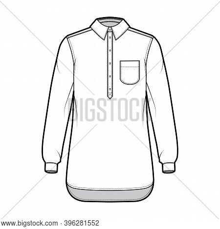 Shirt Pullover Technical Fashion Illustration With Rounded Pocket, Long Sleeves, Relax Fit, Half Pla