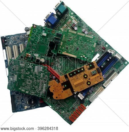 Old Electronic Circuit Boards With Radio And Smd Elements On White Background