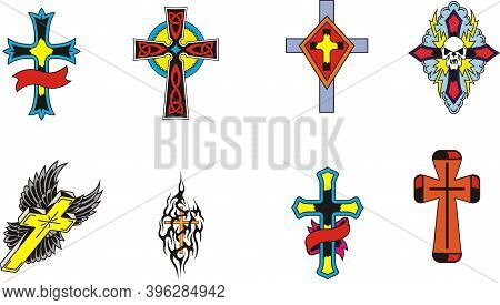 Vector Drawing Of A Cross. Color Tattoo. Isolated Element. Decorative Element Of The Pattern On The 