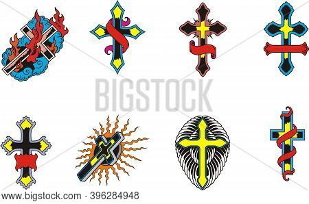 Vector Drawing Of A Cross. Color Tattoo. Isolated Element. Decorative Element Of The Pattern On The 