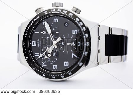 London, Gb 07.10.2020 - Swatch Classic Design Swiss Made Mechanical Mens Watch Isolated On White Bac