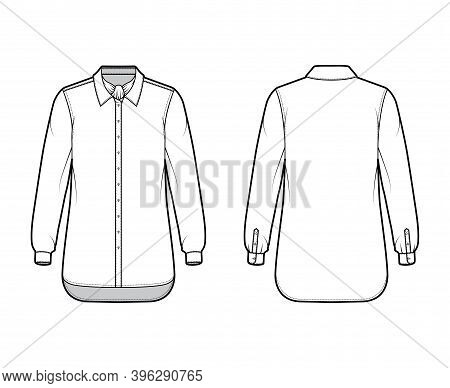 Shirt Ascot Stripe Technical Fashion Illustration With Bow, Long Sleeves With Cuff, Oversized, Butto