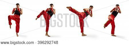 Set Of Athletic Man In Red Sports Bandages On His Hands Making Kick During Boxing Exercise, Isolated