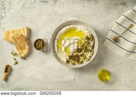 Popular Middle Eastern Appetizer Labneh Or Labaneh, Soft White Goat Milk Cheese With Olive Oil, Hyss