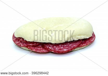 Salami Sandwich On Mollete Spanish Bread, Typical Italian Spiced Sausage